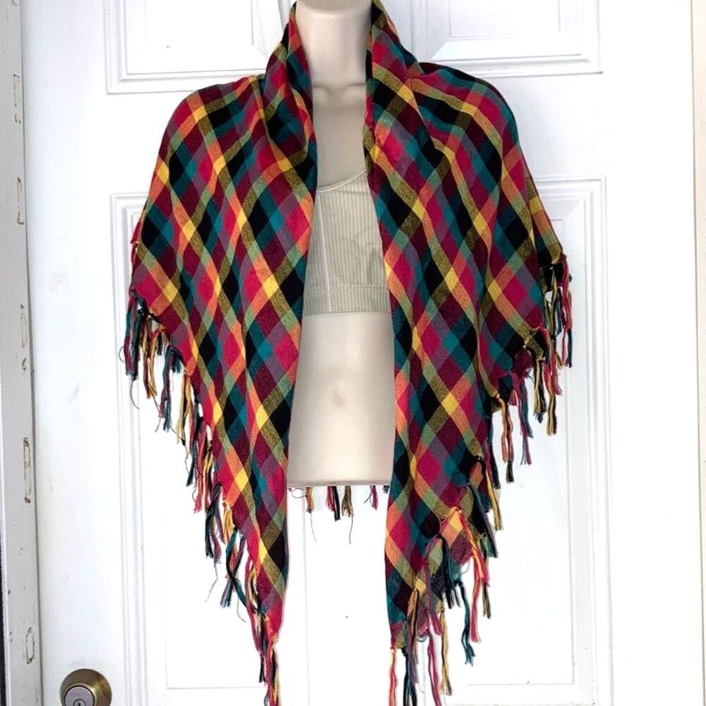Scarf Shawl Wrap Coverup Sarong Rainbow Checkered with Fringe 39 Square Inches